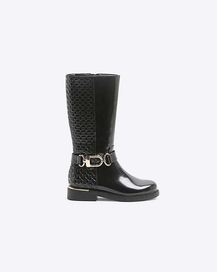 Girls Black Buckle Knee High Boots