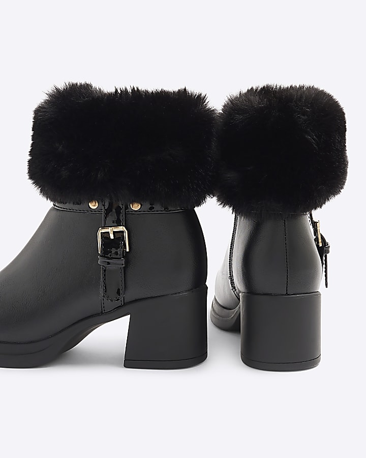 Girls Black Faux Fur Trim Buckle Heeled Boots