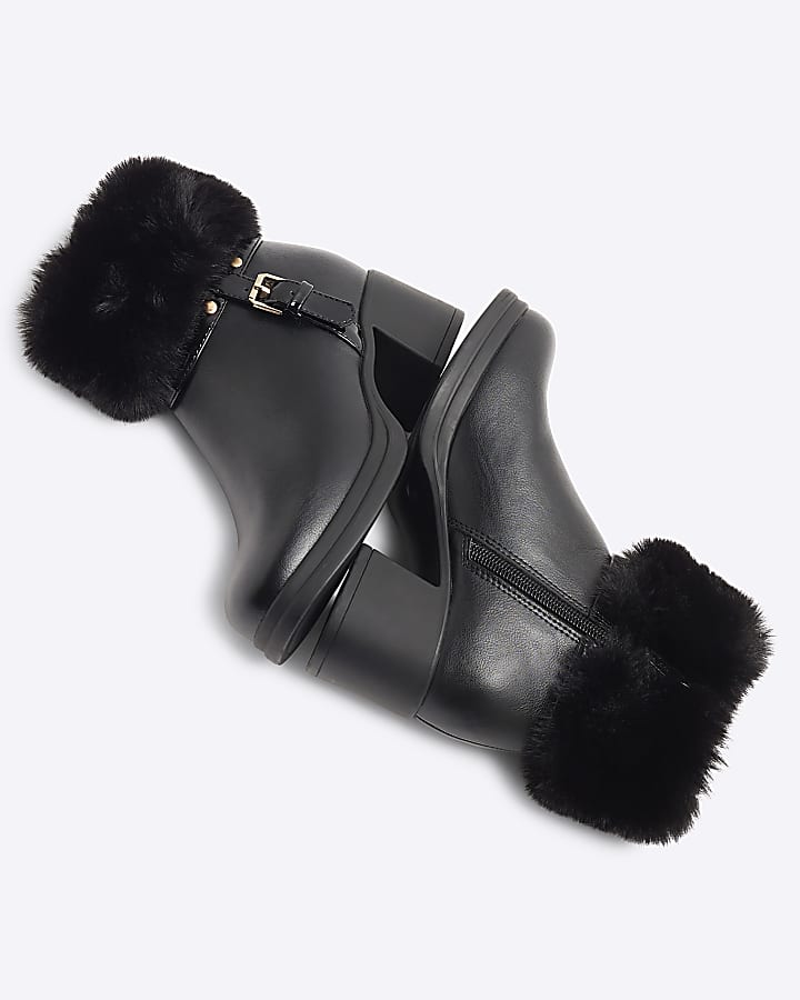 Girls Black Faux Fur Trim Buckle Heeled Boots