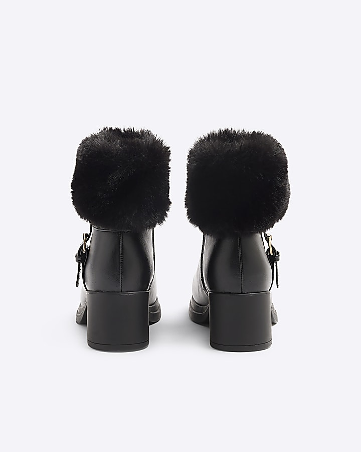 Girls Black Faux Fur Trim Buckle Heeled Boots