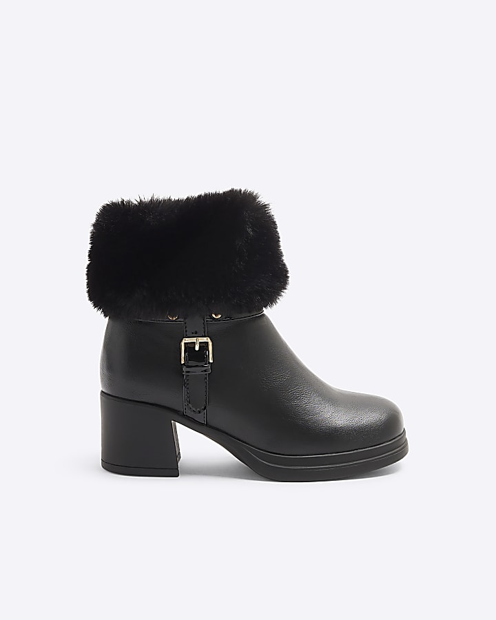 Girls Black Faux Fur Trim Buckle Heeled Boots