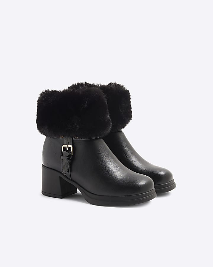 Girls Black Faux Fur Trim Buckle Heeled Boots