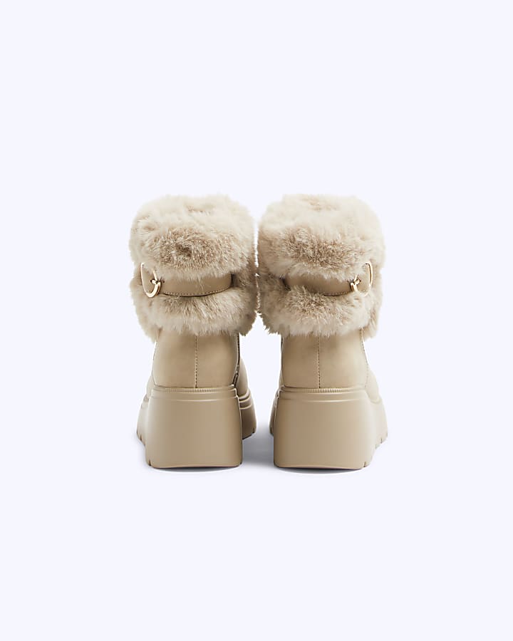 Girls Beige Faux Fur Wedge Boots