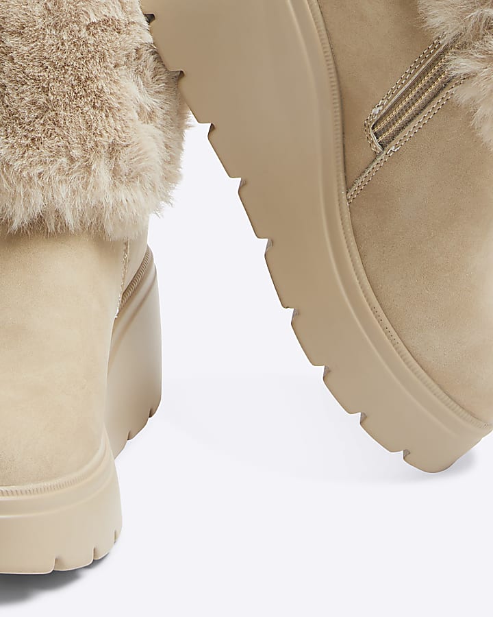 Girls Beige Faux Fur Wedge Boots