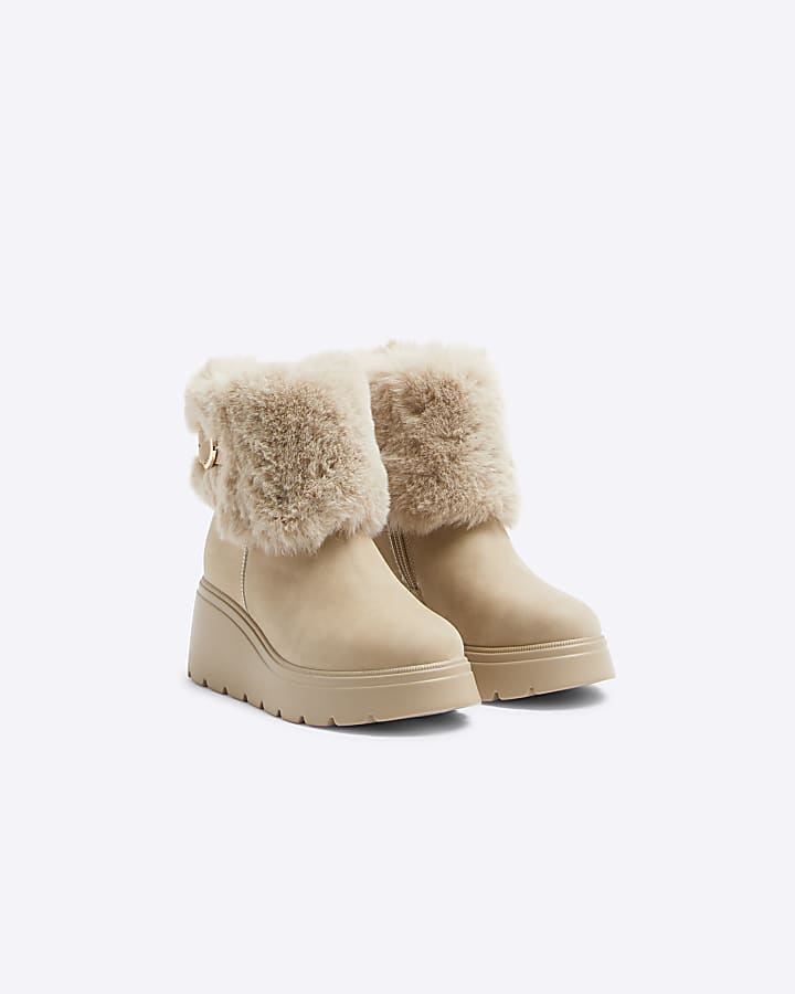 Girls Beige Faux Fur Wedge Boots