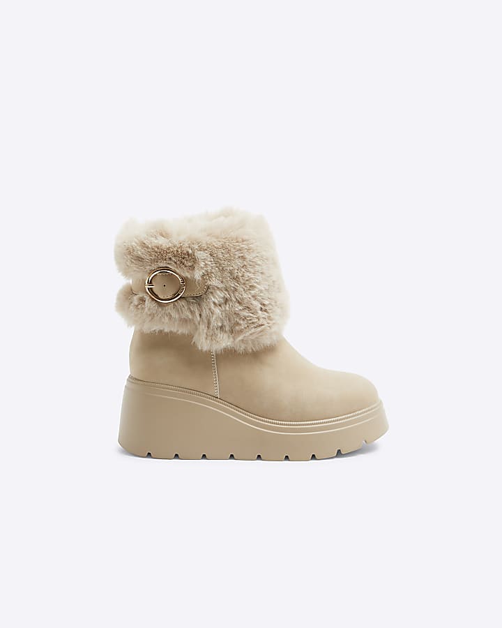 Girls Beige Faux Fur Wedge Boots