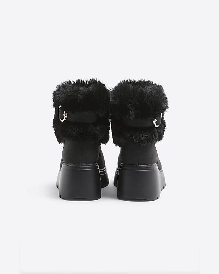 Girls Black PU Faux Fur Cuff Boot