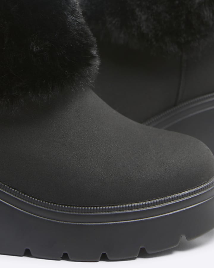 Girls Black PU Faux Fur Cuff Boot