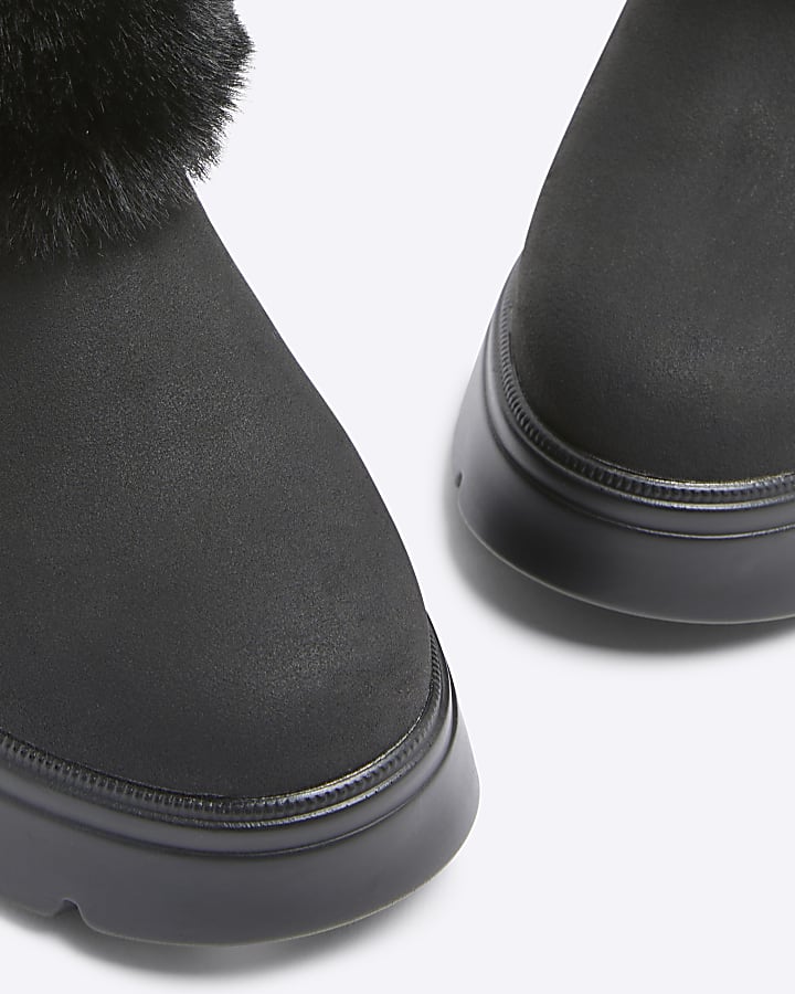 Girls Black PU Faux Fur Cuff Boot