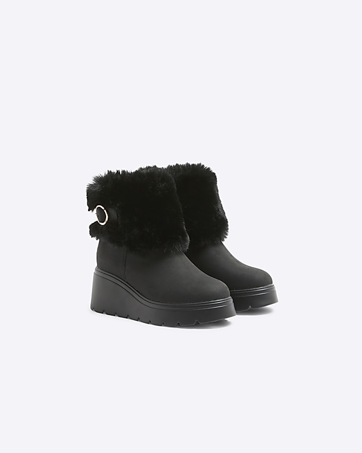 Girls Black PU Faux Fur Cuff Boot