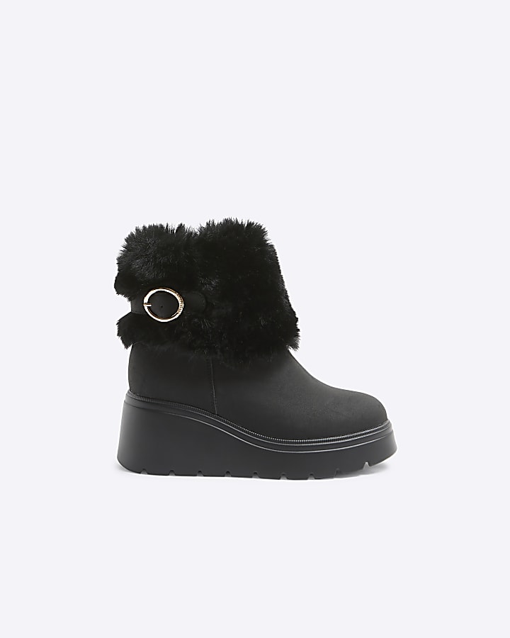 Girls Black PU Faux Fur Cuff Boot