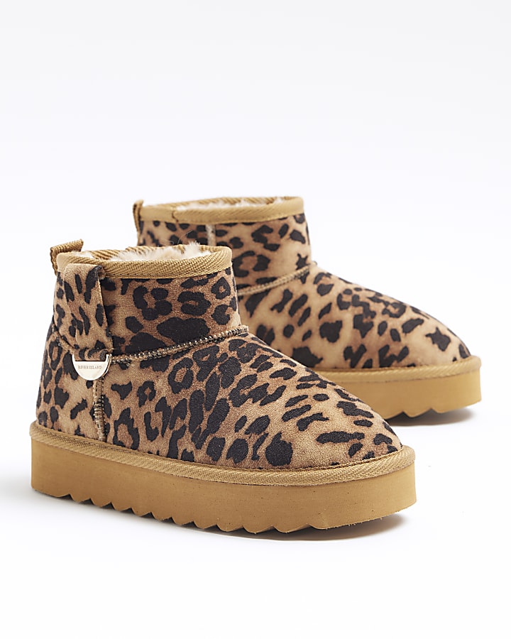 Girls brown suedette leopard boots