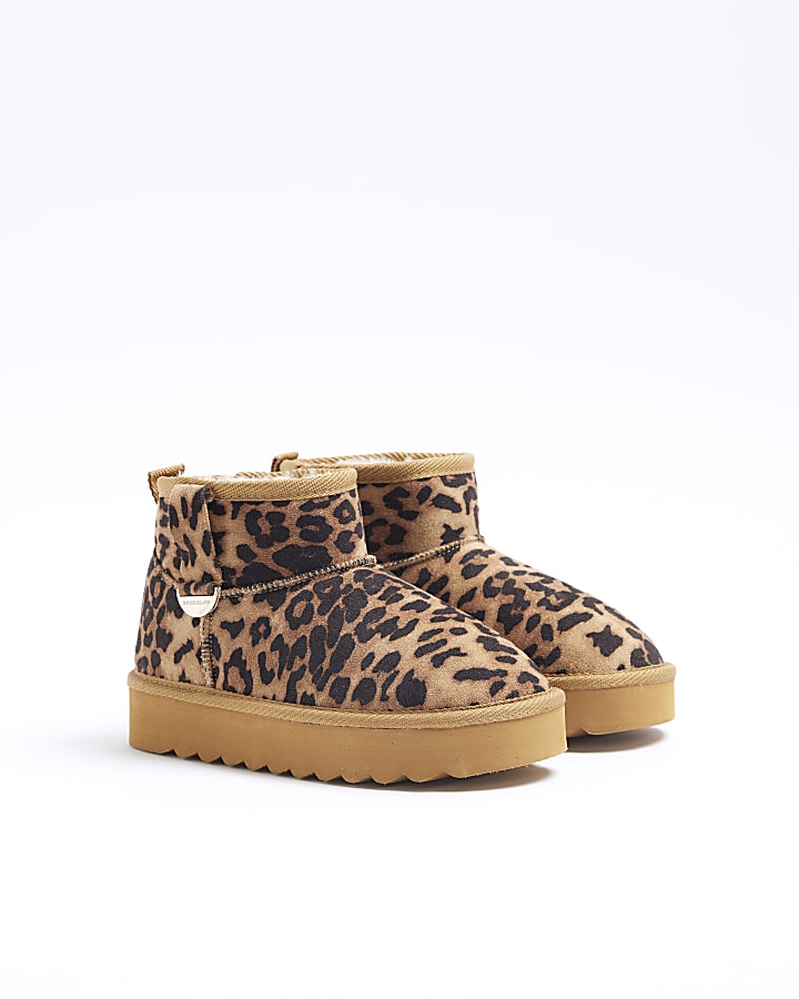 Girls brown suedette leopard boots