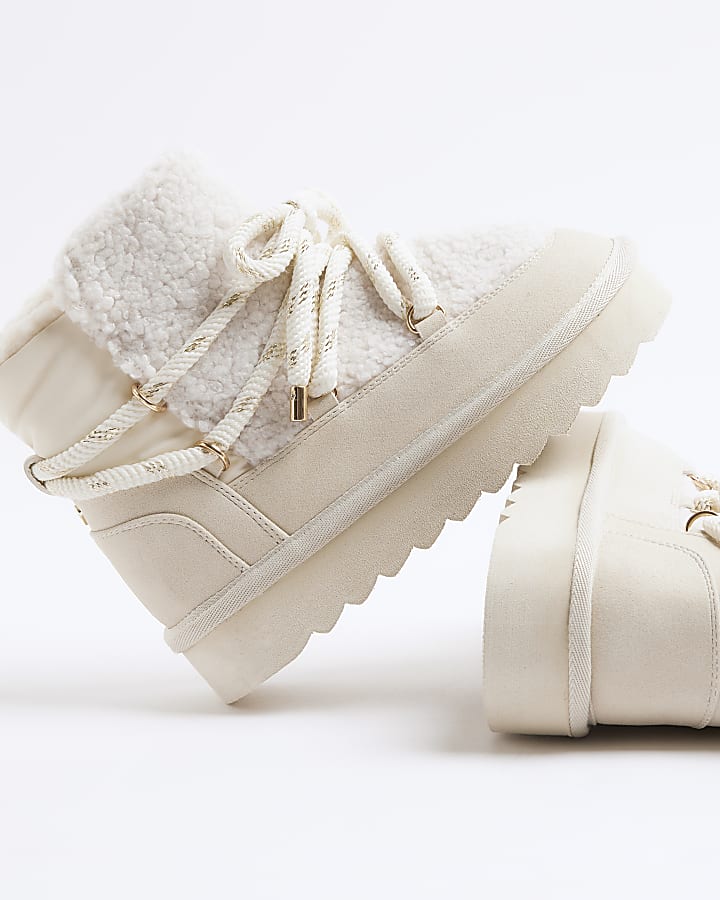 Girls Cream Shearling Hiker Boots