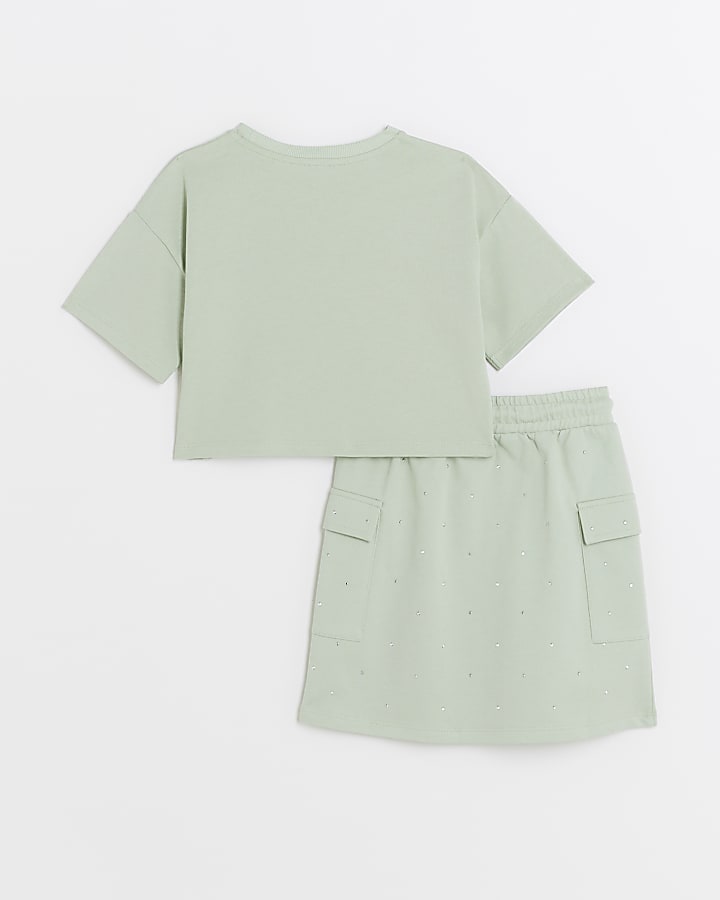 Girls Khaki Diamante T-shirt and Skirt Set