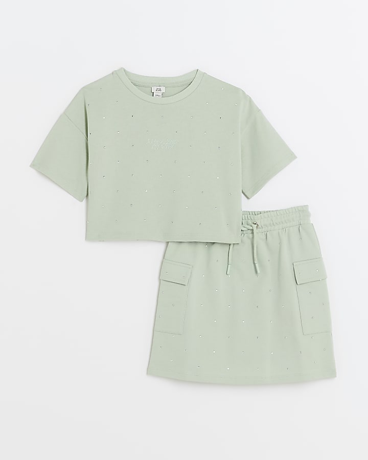 Girls Khaki Diamante T-shirt and Skirt Set