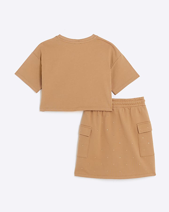 Girls Beige Diamante T-shirt and Skirt Set