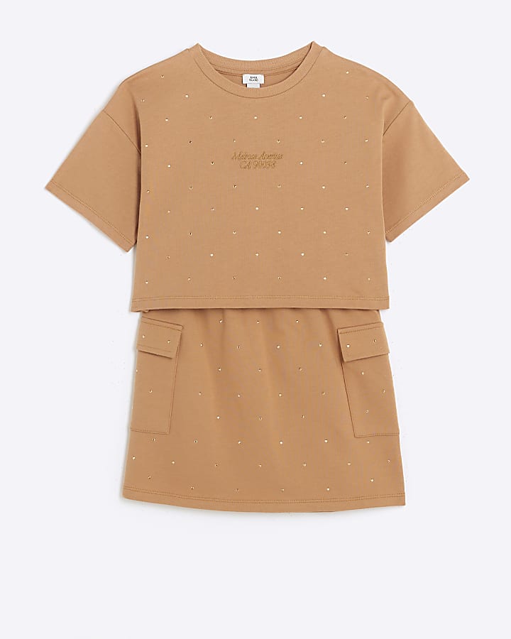 Girls Beige Diamante T-shirt and Skirt Set