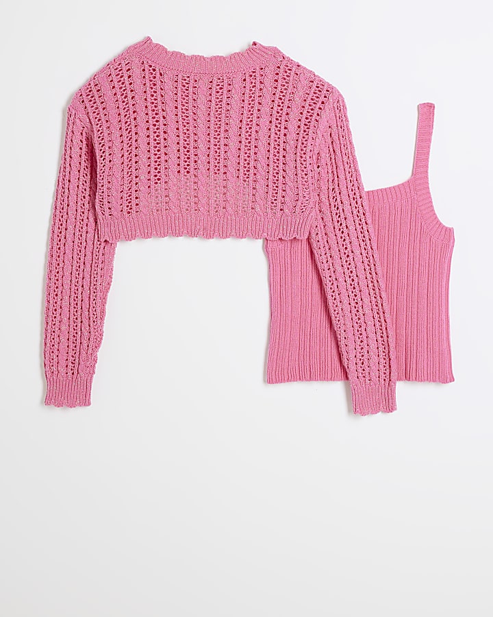 Girls pink 2 in 1 crochet jumper and tank top