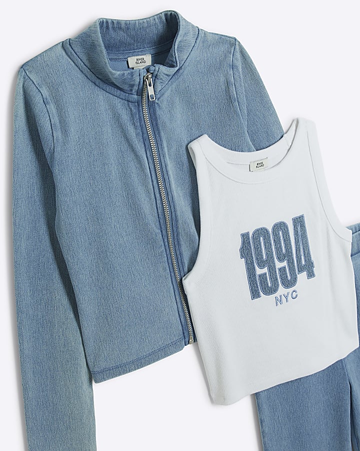 Girls Blue Denim Zip Through 3 Piece Set