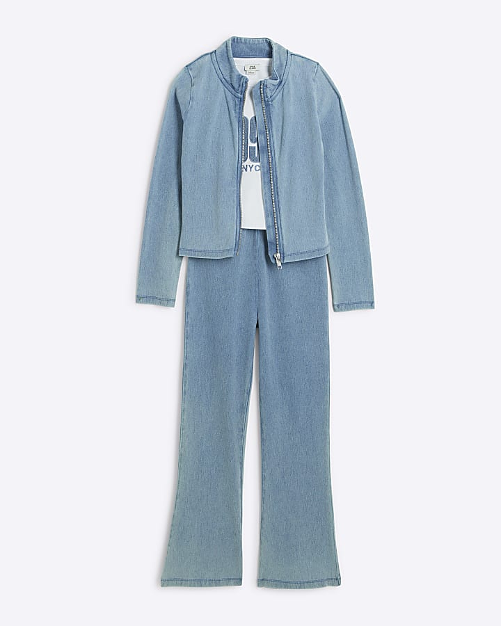 Girls Blue Denim Zip Through 3 Piece Set