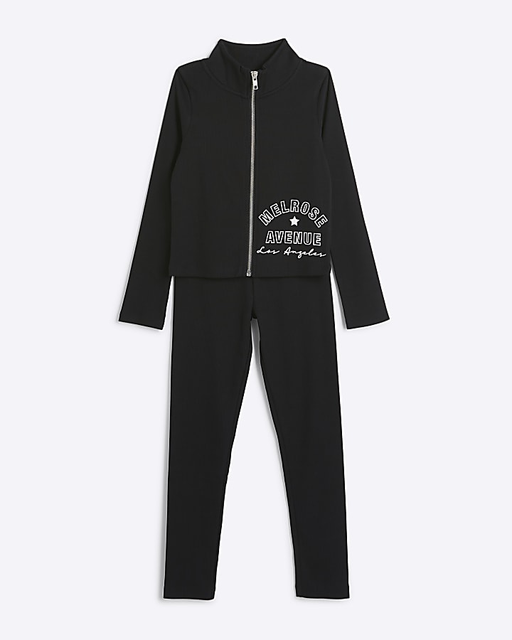 Girls black ribbed zip up sweatshirt set