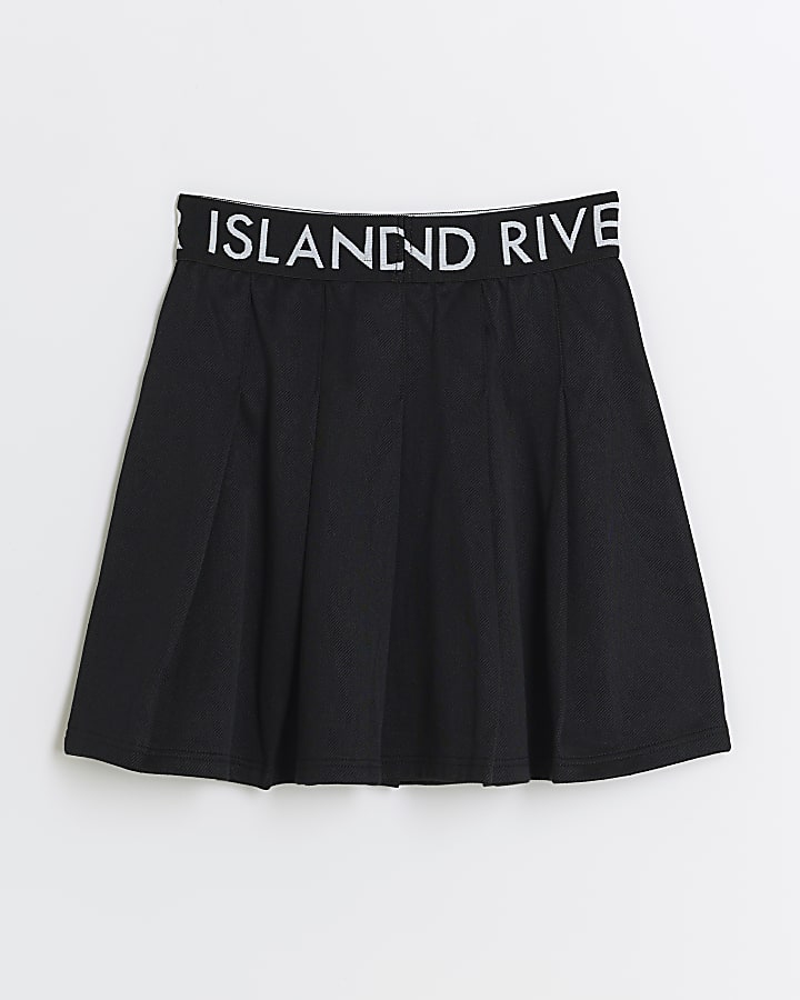 Girls black RI waistband pleated skirt