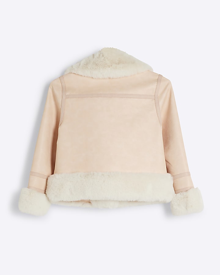 Girls Pink Faux Fur Aviator Jacket