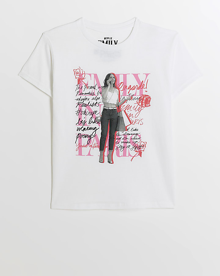 white Emily in Paris graphic t-shirt