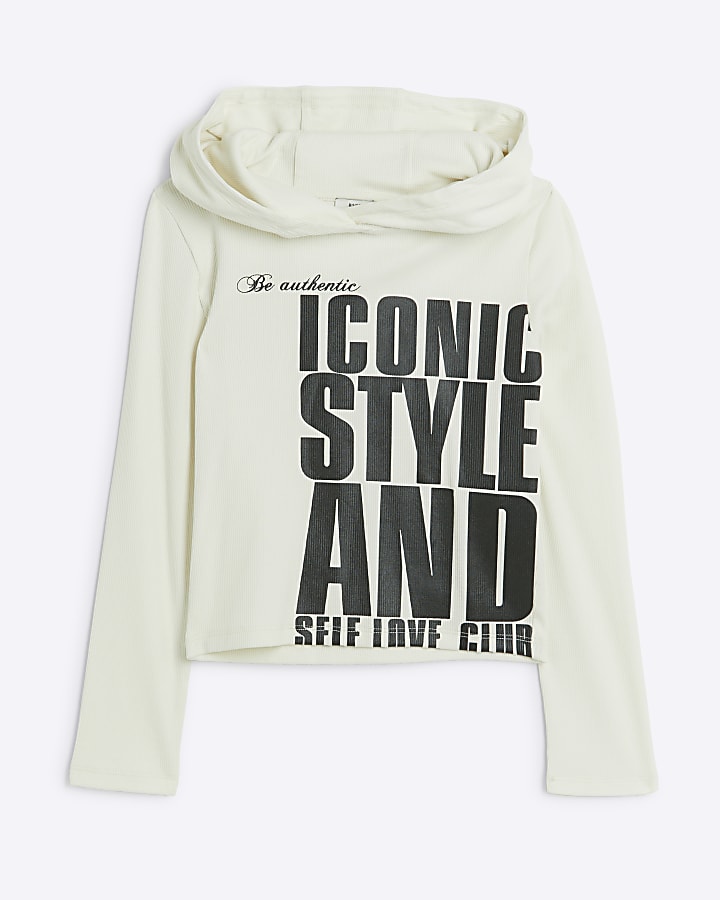 Girls Cream Iconic Ribbed Hoodie