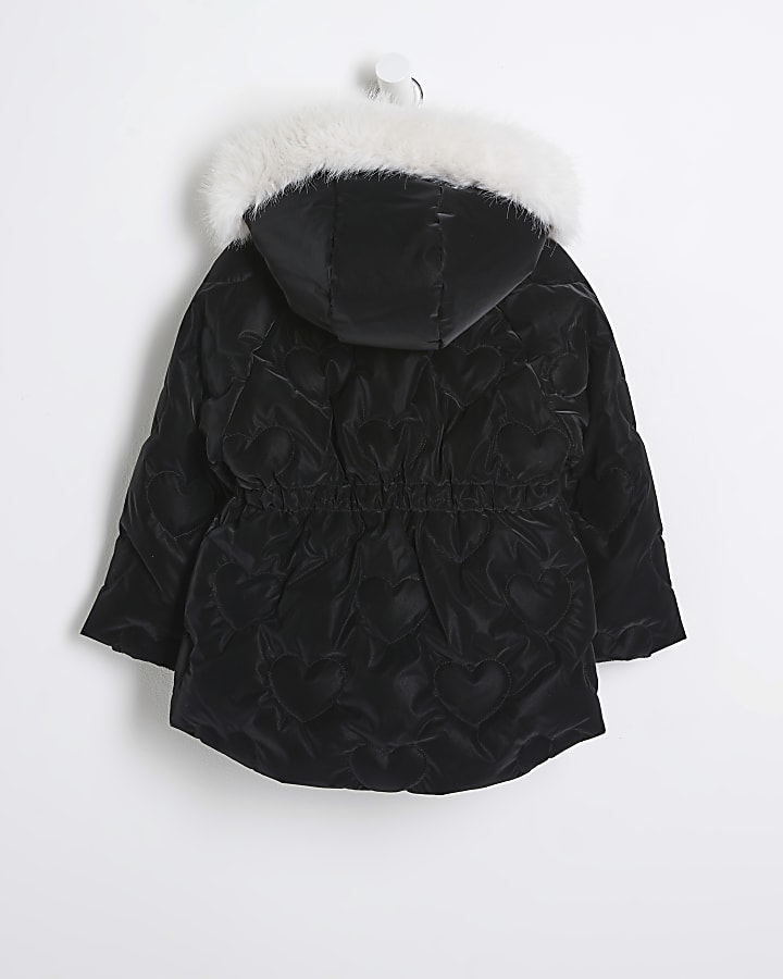 Mini Girls Black Padded Heart Faux Fur Coat