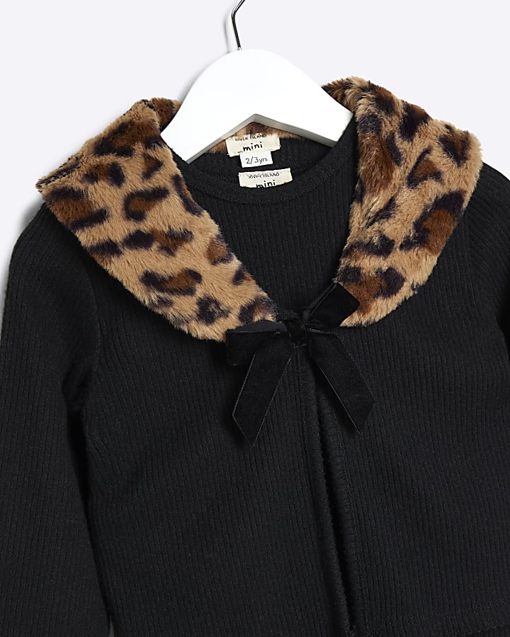 Mini Girls Black Leopard Collar Cardigan Set