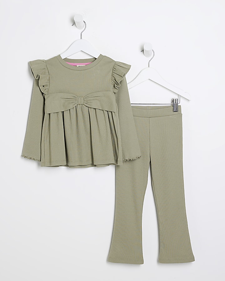 Mini girls khaki bow peplum top set