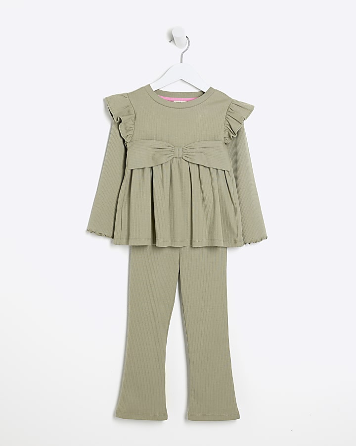 Mini girls khaki bow peplum top set