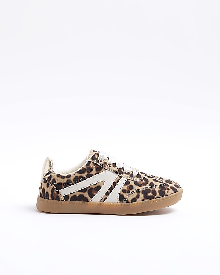 Girls brown leopard print trainers