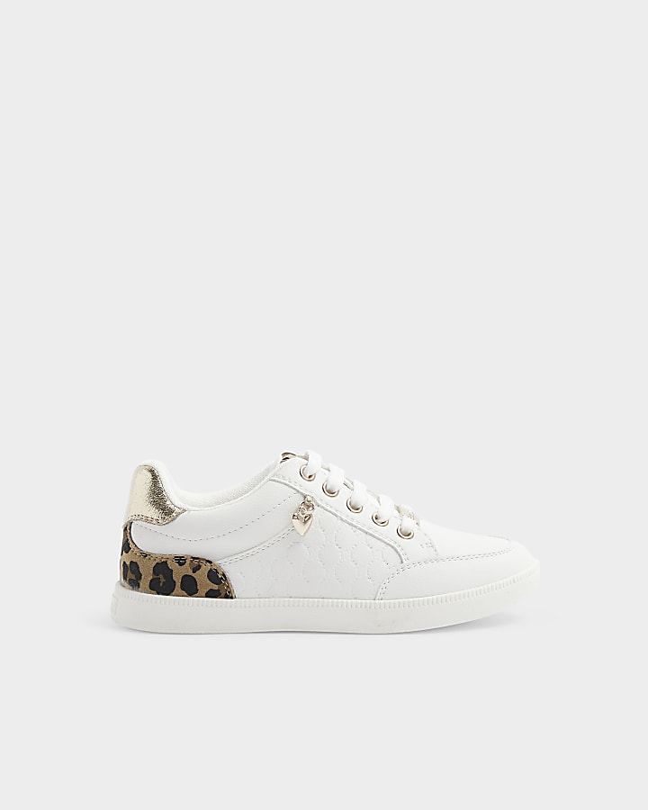 Girls White Leopard Print Trainers