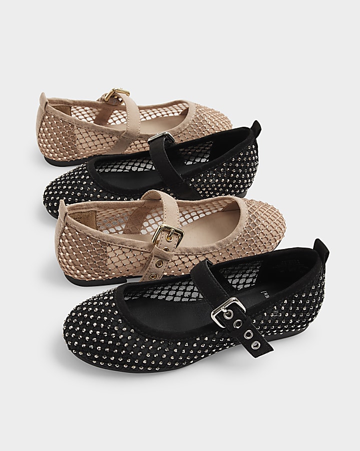 Girls black mesh diamante ballet pumps