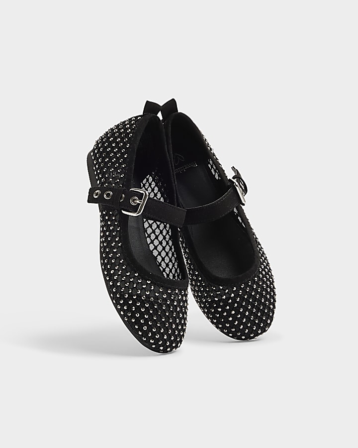 Girls black mesh diamante ballet pumps