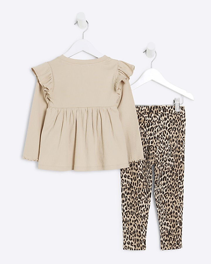 Mini girls Beige Bow Rib Peplum Leopard Set