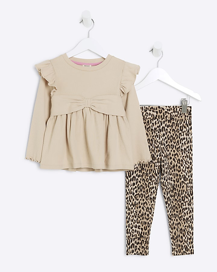 Mini girls Beige Bow Rib Peplum Leopard Set