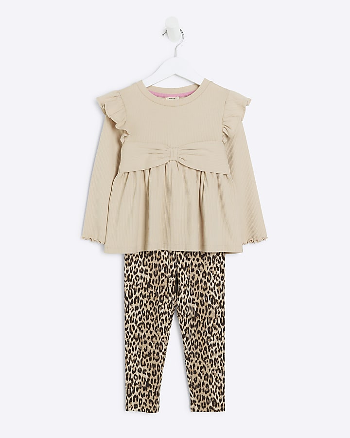 Mini girls Beige Bow Rib Peplum Leopard Set