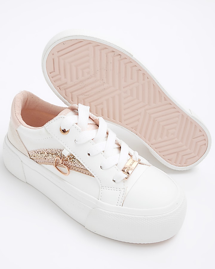 Girls rose gold glitter lace up trainers