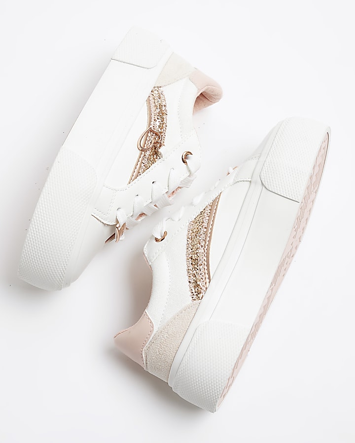 Girls rose gold glitter lace up trainers