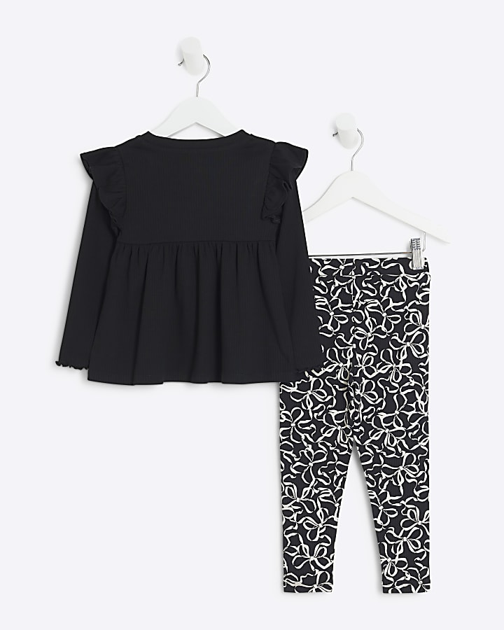Mini girls black top and bow leggings set