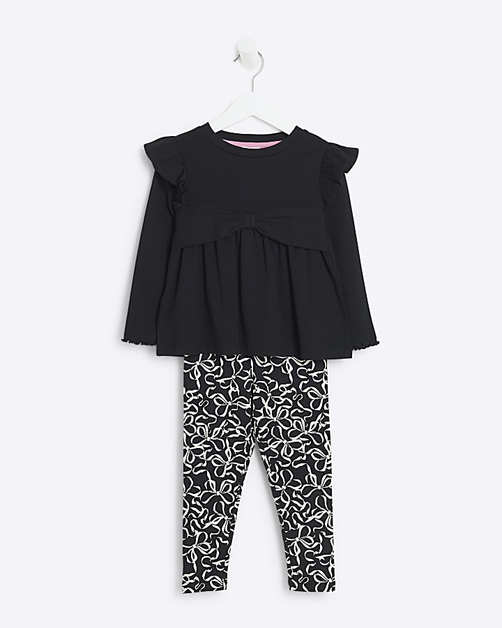 Mini girls black top and bow leggings set