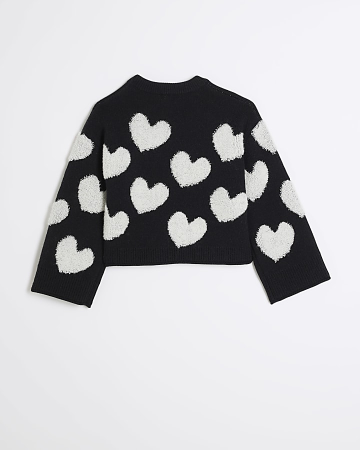 Girls black boucle heart jumper