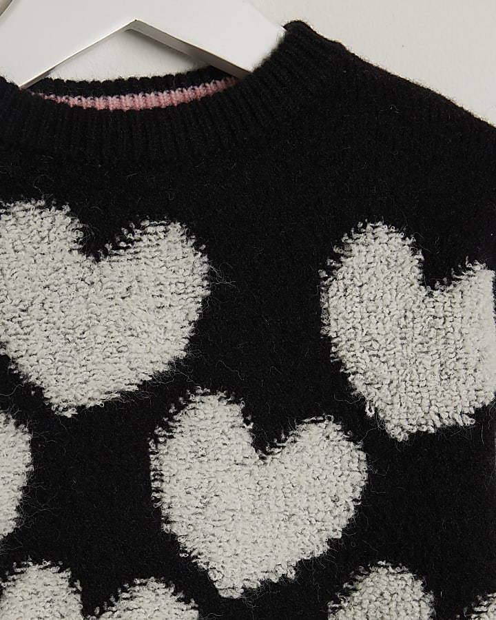 Mini girls black boucle heart jumper