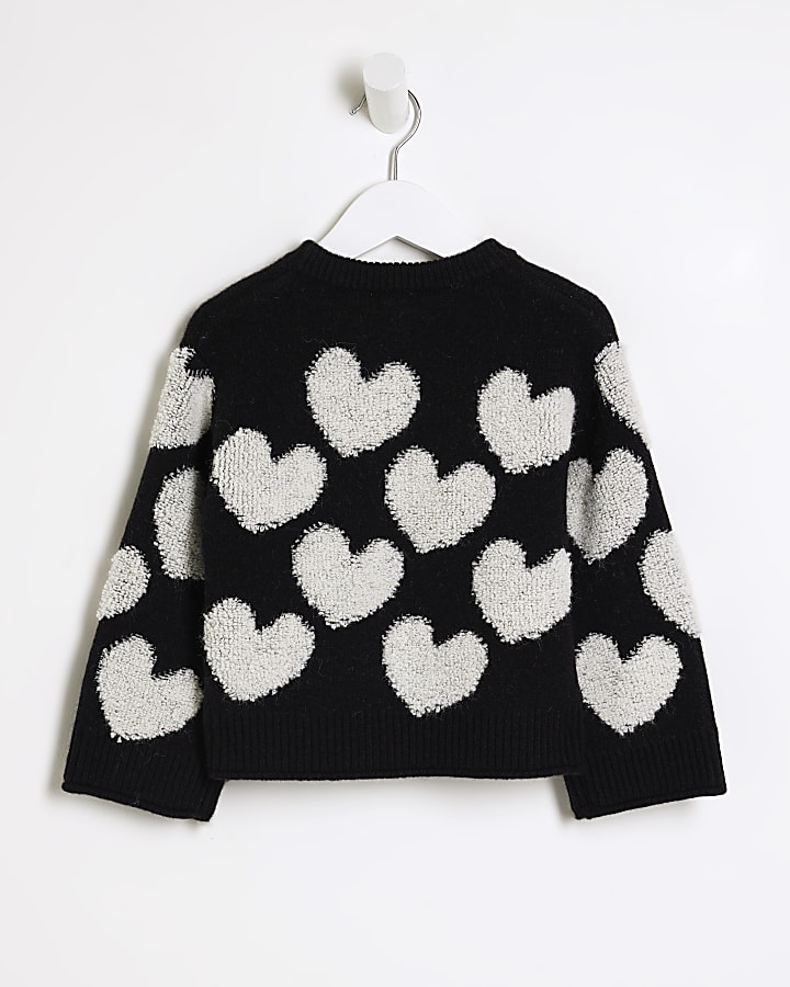 Mini girls black boucle heart jumper