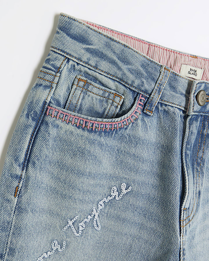 Girls blue embroidered mom jeans