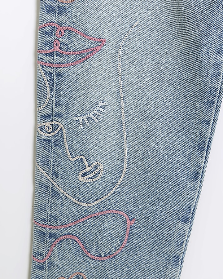 Girls blue embroidered mom jeans